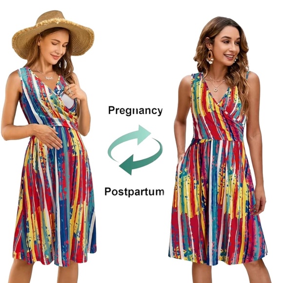 OUGES V-Neck Dress Sleeveless Maternity Nursing Gown Breastfeeding Postpartum - Picture 13 of 16